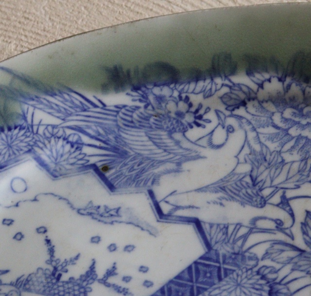 伊万里青磁染付印判花籠手楕円大皿　37ｃｍ×30ｃｍ　大皿　パスタ　オードブル　染付印判皿　花鳥図