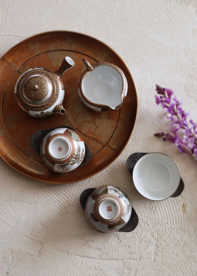 九谷煎茶セット　急須　湯冷まし　煎茶茶碗3客セット　煎茶道具　小鉢　向付　色絵　和食器