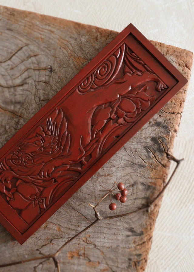 鎌倉彫　トレイ　ペン皿　煎茶盆　獅子牡丹紋　手仕事　民藝　盆