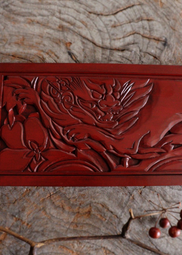 鎌倉彫　トレイ　ペン皿　煎茶盆　獅子牡丹紋　手仕事　民藝　盆