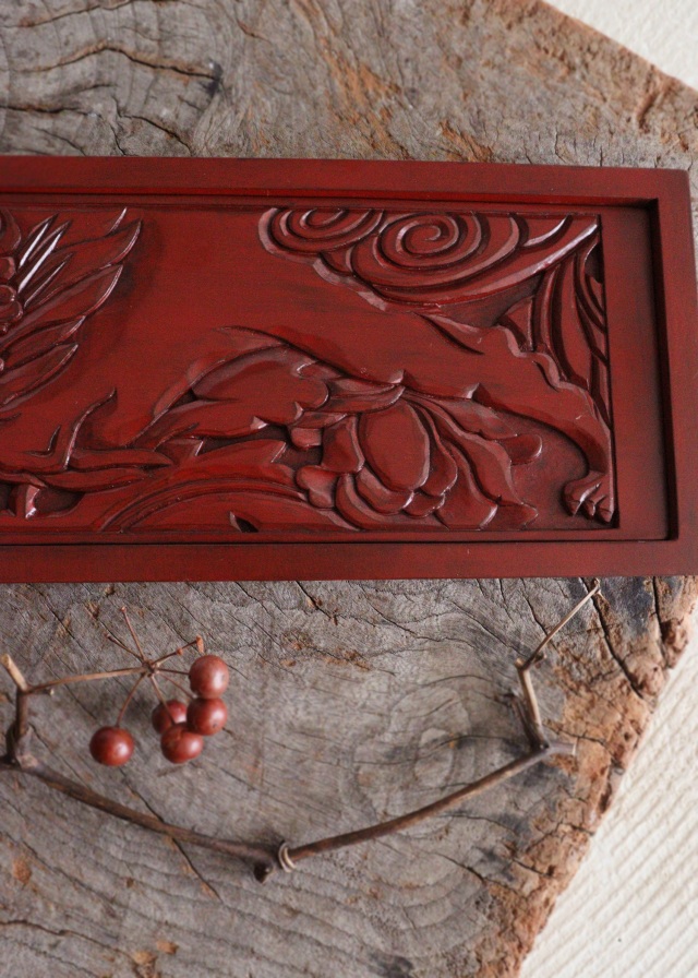 鎌倉彫　トレイ　ペン皿　煎茶盆　獅子牡丹紋　手仕事　民藝　盆