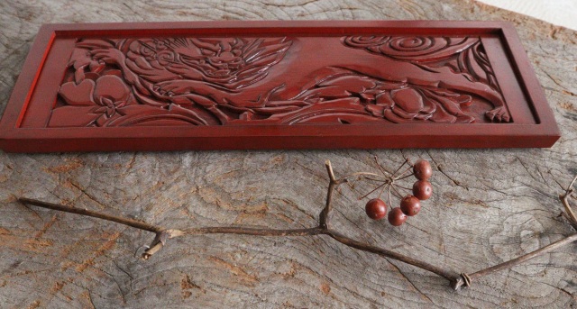 鎌倉彫　トレイ　ペン皿　煎茶盆　獅子牡丹紋　手仕事　民藝　盆