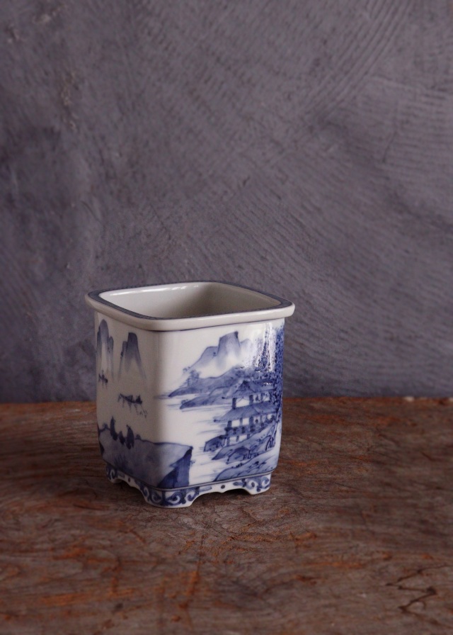 九谷名工　山本長左作 　藍九谷　 染付　 植木鉢　 盆栽鉢 　筆筒