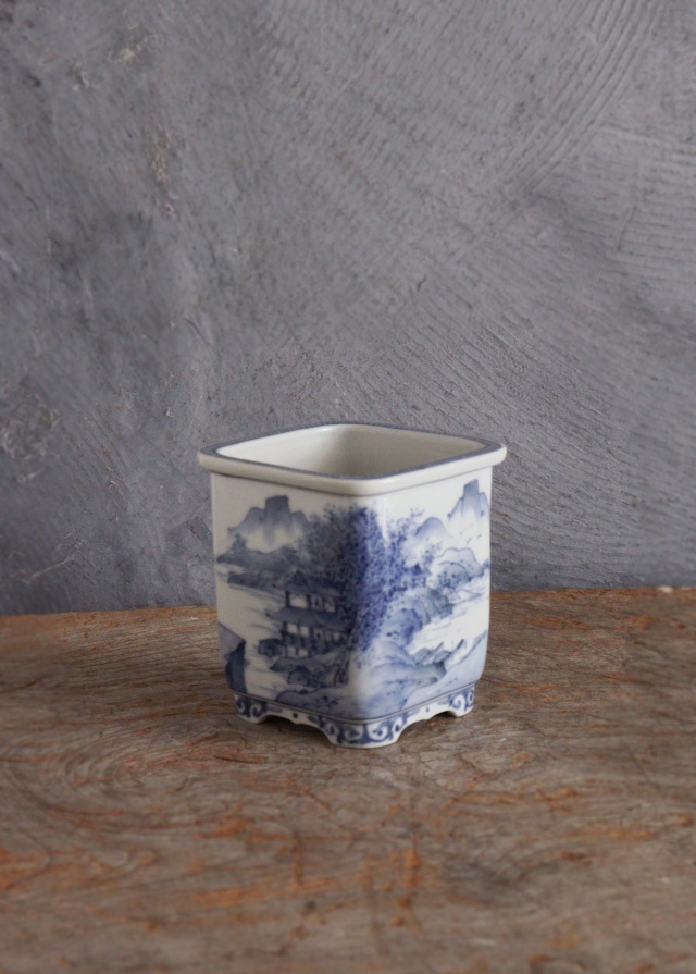 九谷名工　山本長左作 　藍九谷　 染付　 植木鉢　 盆栽鉢 　筆筒