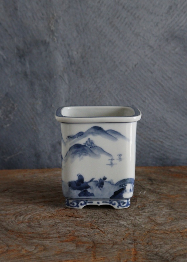 九谷名工　山本長左作 　藍九谷　 染付　 植木鉢　 盆栽鉢 　筆筒