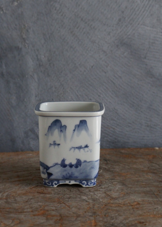 九谷名工　山本長左作 　藍九谷　 染付　 植木鉢　 盆栽鉢 　筆筒