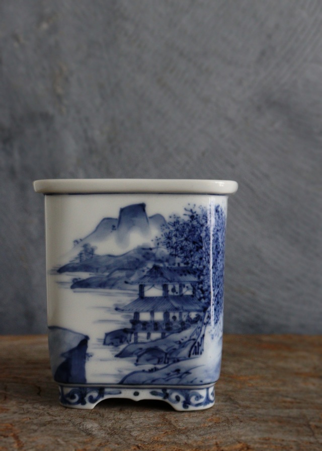 九谷名工　山本長左作 　藍九谷　 染付　 植木鉢　 盆栽鉢 　筆筒