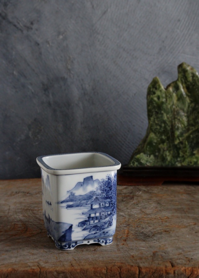 九谷名工　山本長左作 　藍九谷　 染付　 植木鉢　 盆栽鉢 　筆筒