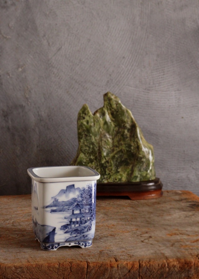 九谷名工　山本長左作 　藍九谷　 染付　 植木鉢　 盆栽鉢 　筆筒