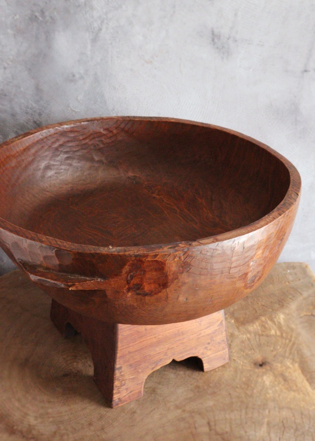 李朝木鉢脚付き　ガラス付き　木製捏鉢　民藝　茶卓　ミニテーブル　木鉢　　李朝家具　捏ね鉢　