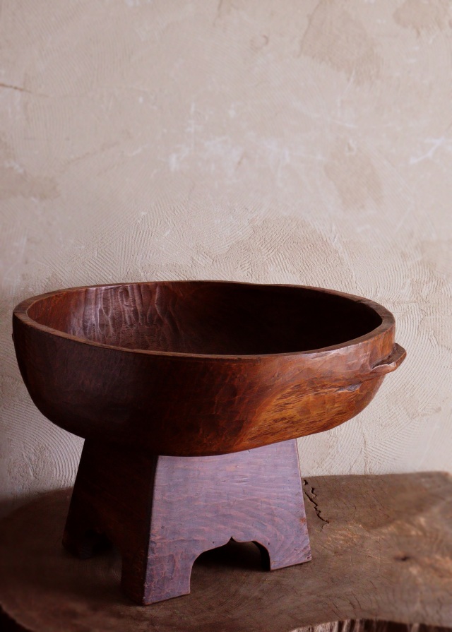 李朝木鉢脚付き　ガラス付き　木製捏鉢　民藝　茶卓　ミニテーブル　木鉢　　李朝家具　捏ね鉢　
