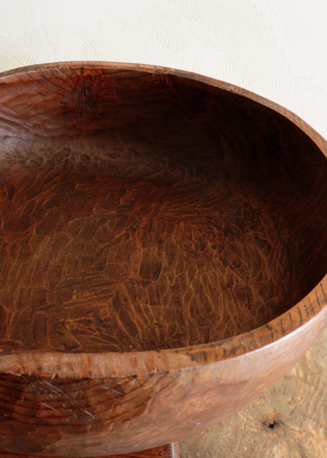 李朝木鉢脚付き　ガラス付き　木製捏鉢　民藝　茶卓　ミニテーブル　木鉢　　李朝家具　捏ね鉢　