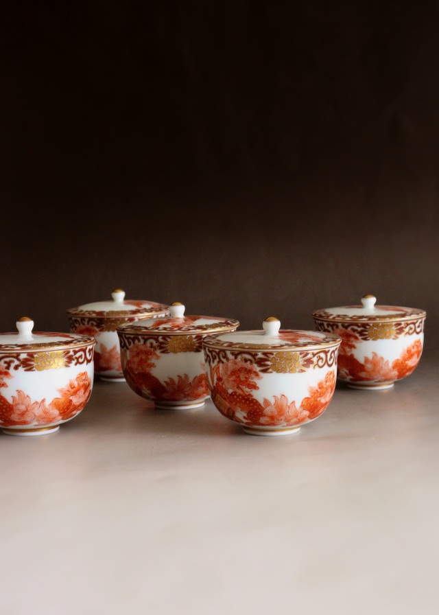 九谷鏑木窯 獅子牡丹 九谷焼煎茶茶碗5客セット 煎茶道具 小鉢 向付