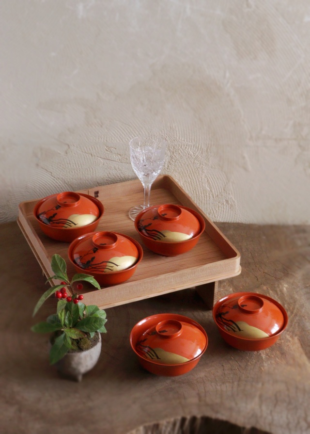 朱塗碗5客　朱塗向付　お椀　お正月　蒔絵　鶴