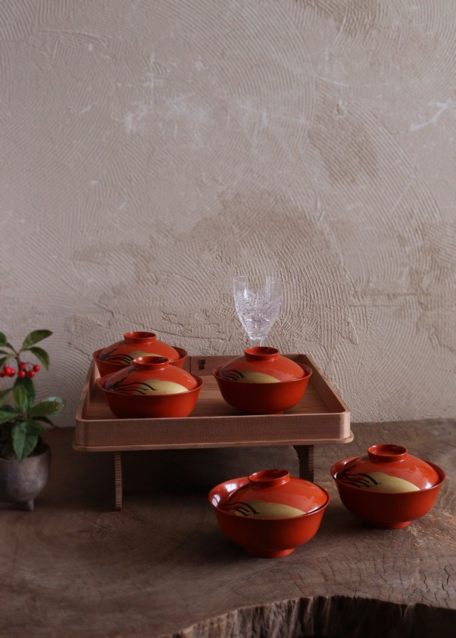 朱塗碗5客　朱塗向付　お椀　お正月　蒔絵　鶴