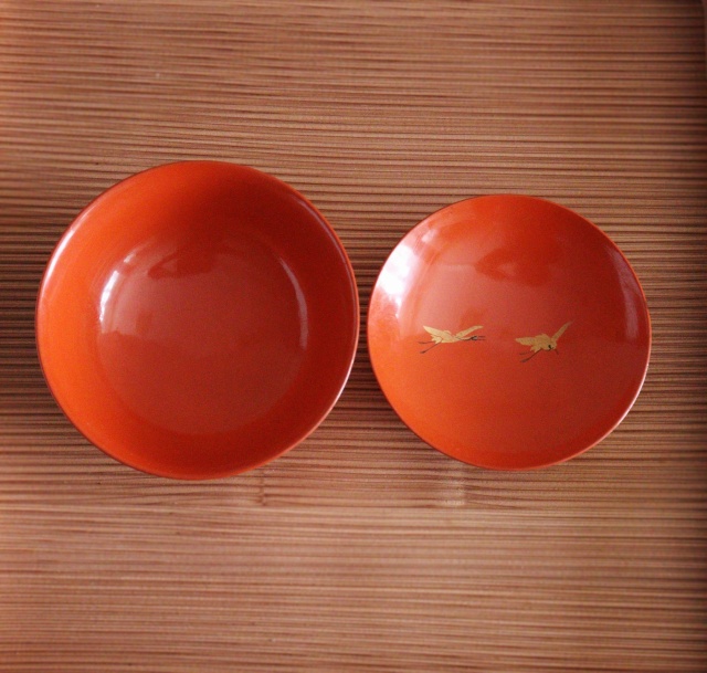 朱塗碗5客　朱塗向付　お椀　お正月　蒔絵　鶴