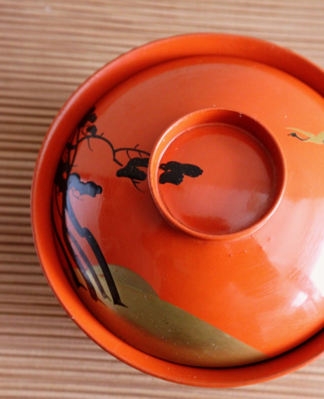朱塗碗5客　朱塗向付　お椀　お正月　蒔絵　鶴