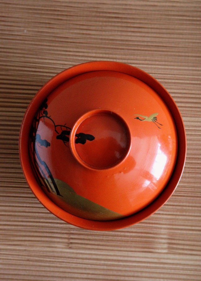 朱塗碗5客　朱塗向付　お椀　お正月　蒔絵　鶴