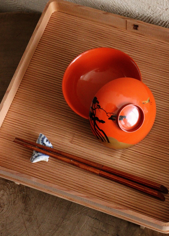 朱塗碗5客　朱塗向付　お椀　お正月　蒔絵　鶴