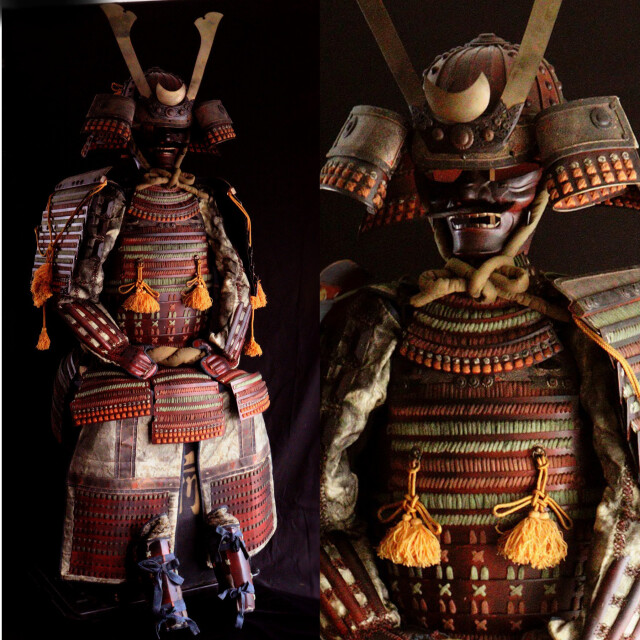 兜一式 等身大甲冑 色々威 大鎧 面頬 前立て 鎧兜 甲冑 武具 具足 武士  時代兜 将軍 　侘寂　samurai