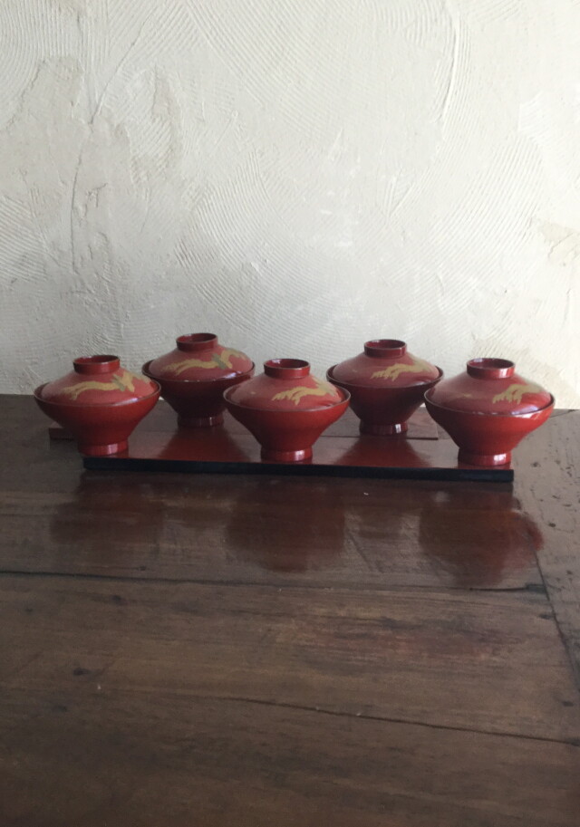 Antique Sam's Collection朱漆塗松金蒔絵碗五客組