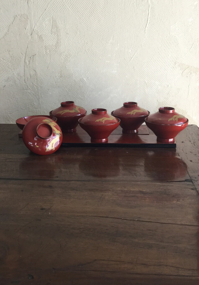 Antique Sam's Collection朱漆塗松金蒔絵碗五客組