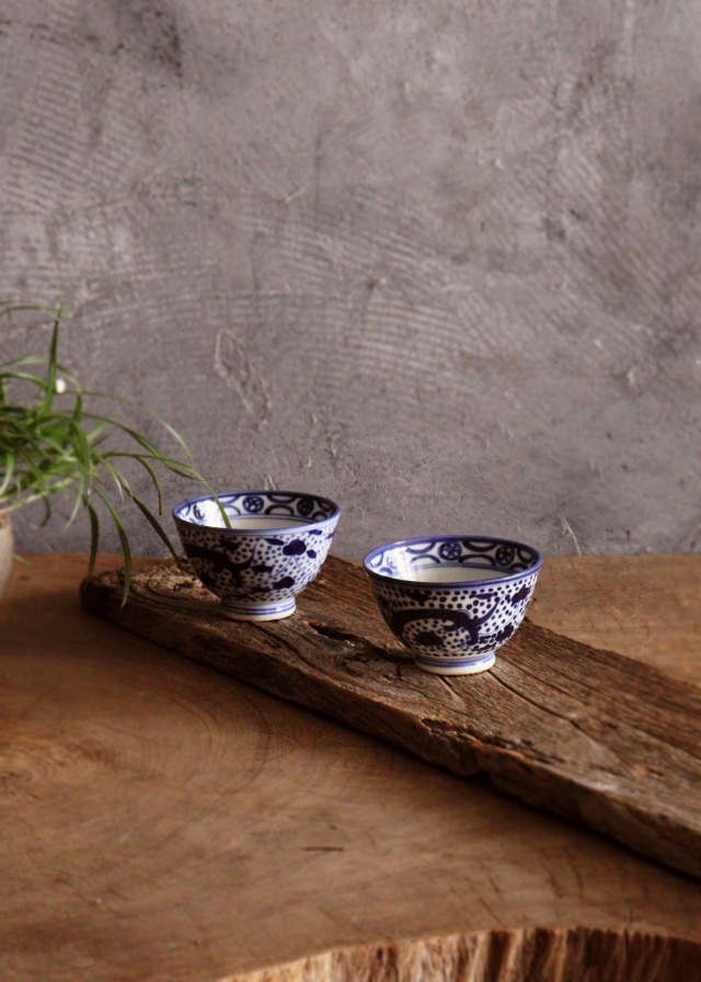 染付点描龍鳳凰図煎茶茶碗　茶器　酒器　冷酒　染付　茶碗　小鉢　2客