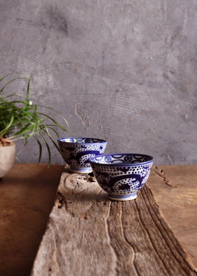 染付点描龍鳳凰図煎茶茶碗　茶器　酒器　冷酒　染付　茶碗　小鉢　2客