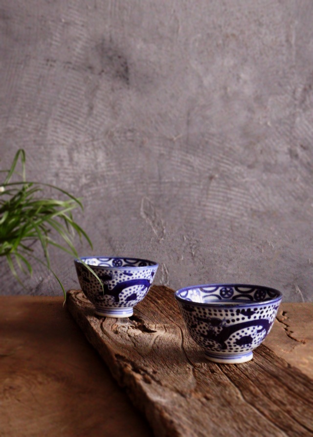 染付点描龍鳳凰図煎茶茶碗　茶器　酒器　冷酒　染付　茶碗　小鉢　2客