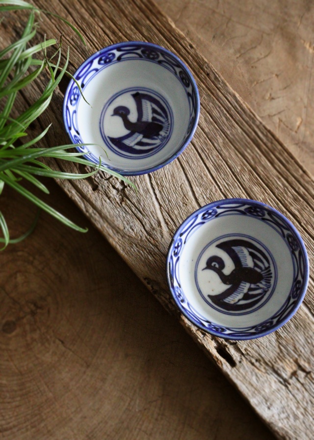 染付点描龍双鳳凰図煎茶茶碗 茶器 酒器 冷酒 染付 茶碗 小鉢 2客
