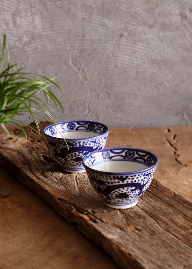 染付点描龍鳳凰図煎茶茶碗　茶器　酒器　冷酒　染付　茶碗　小鉢　2客