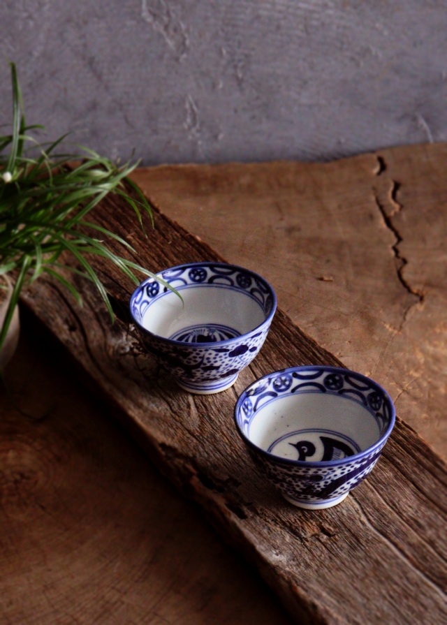 染付点描龍鳳凰図煎茶茶碗　茶器　酒器　冷酒　染付　茶碗　小鉢　2客