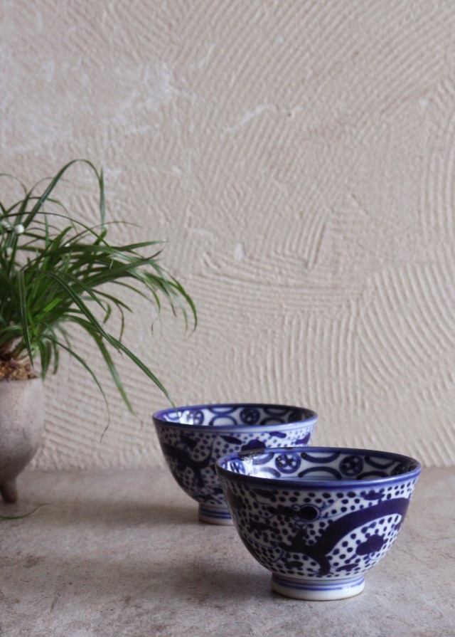 染付点描龍鳳凰図煎茶茶碗　茶器　酒器　冷酒　染付　茶碗　小鉢　2客