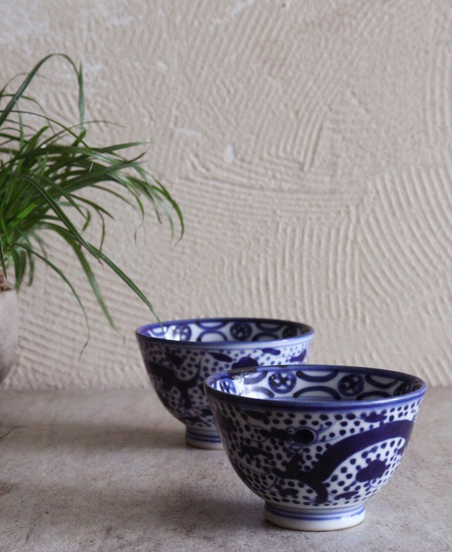 染付点描龍鳳凰図煎茶茶碗　茶器　酒器　冷酒　染付　茶碗　小鉢　2客