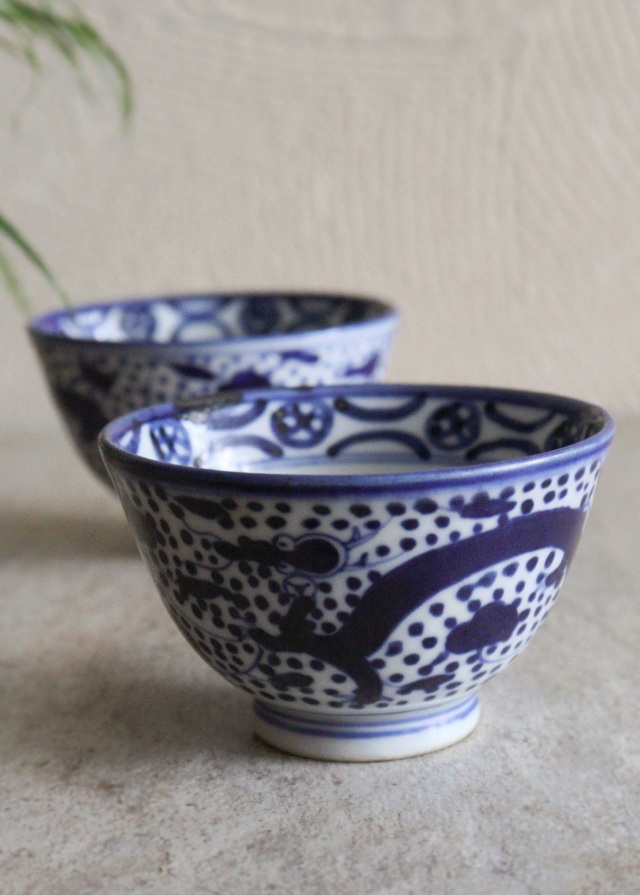 染付点描龍鳳凰図煎茶茶碗　茶器　酒器　冷酒　染付　茶碗　小鉢　2客