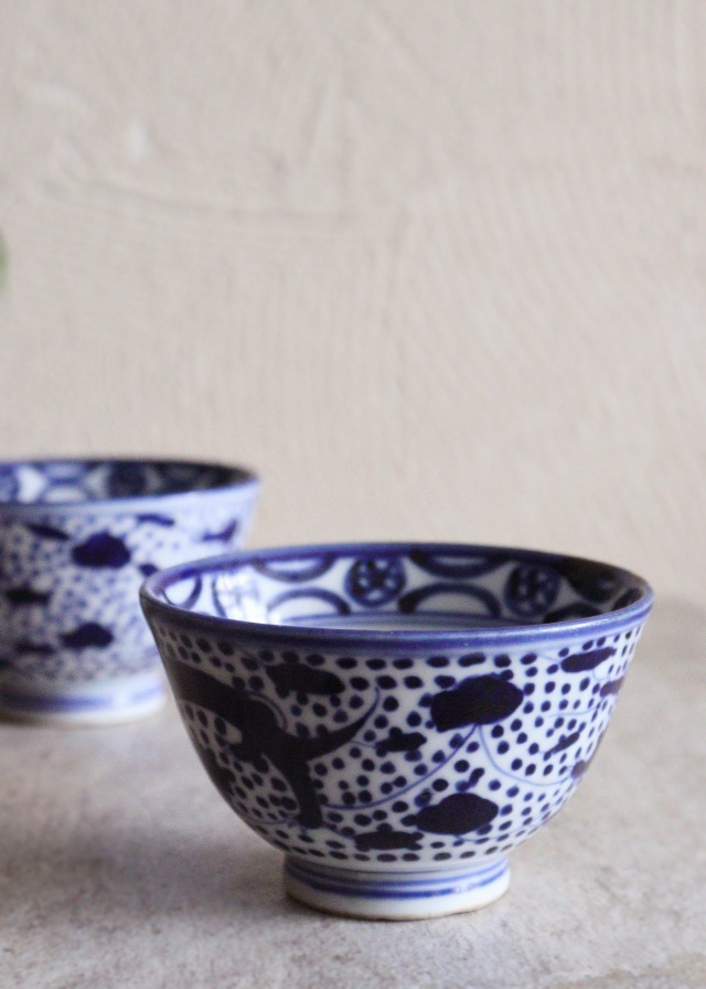 染付点描龍鳳凰図煎茶茶碗　茶器　酒器　冷酒　染付　茶碗　小鉢　2客