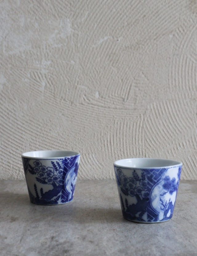 染付蕎麦猪口 古伊万里 花唐草 ソバ猪口 2客 Antique Sam's Collection