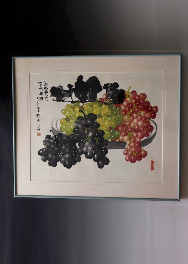 水墨画 ぶどう 木製フレーム付き、新品 墨彩画 絵画 水墨 趙 ぶどう インテリア中国？