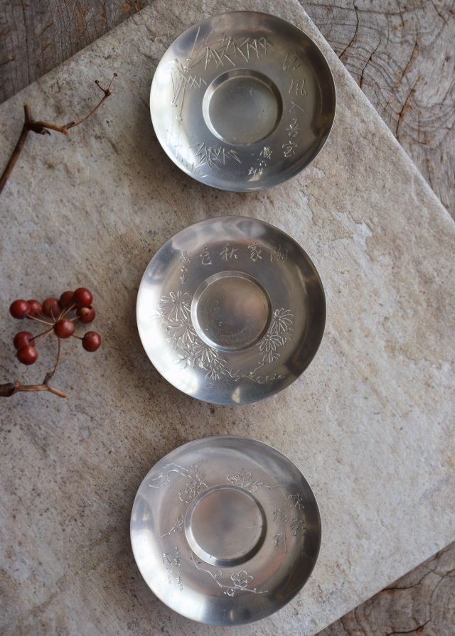 純錫圓式茶托 5枚組 秦蔵六作 四君子霊芝 茶器