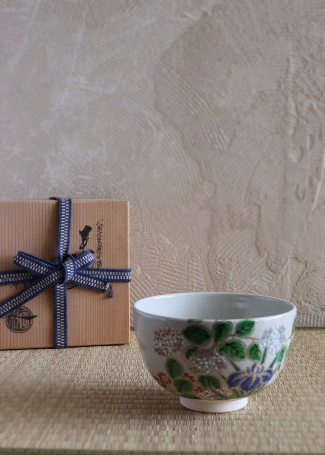 仁清写菖蒲紫陽花絵茶碗　中村陶彩作茶碗　京焼　茶道具　抹茶碗　