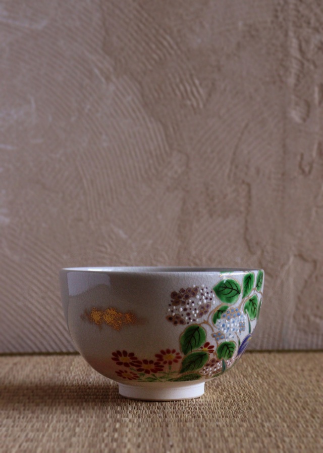 仁清写菖蒲紫陽花絵茶碗　中村陶彩作茶碗　京焼　茶道具　抹茶碗　