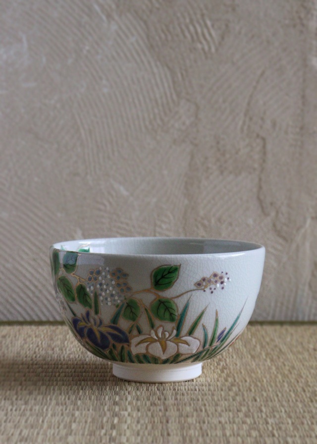 仁清写菖蒲紫陽花絵茶碗　中村陶彩作茶碗　京焼　茶道具　抹茶碗　