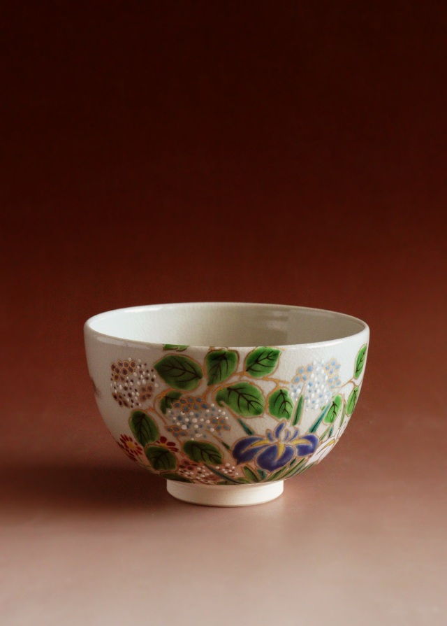 仁清写菖蒲紫陽花絵茶碗　中村陶彩作茶碗　京焼　茶道具　抹茶碗　