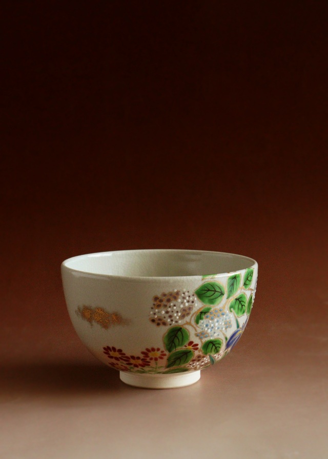 仁清写菖蒲紫陽花絵茶碗　中村陶彩作茶碗　京焼　茶道具　抹茶碗　