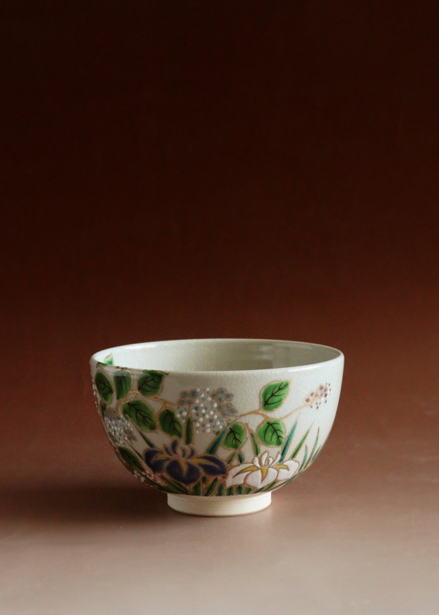 仁清写菖蒲紫陽花絵茶碗　中村陶彩作茶碗　京焼　茶道具　抹茶碗　