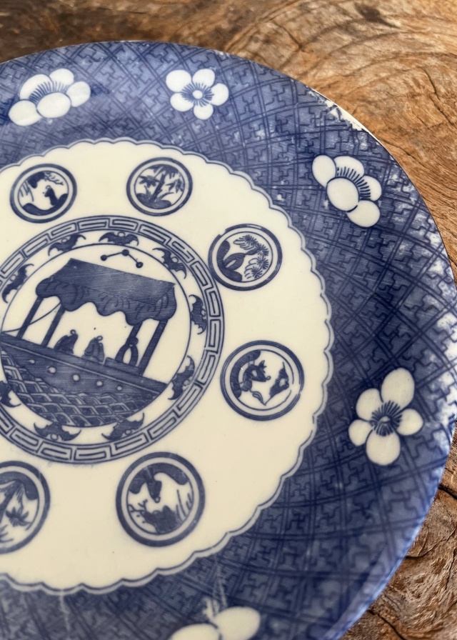 桔梗紋　六歌仙　印判皿　窓絵　染付　小皿　中皿　6枚セット 正規 品ホビー・楽器・アート - 桔梗紋 六歌仙 印判皿 窓絵 染付 小皿