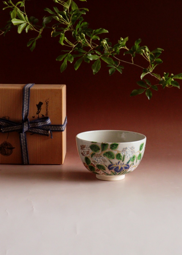 仁清写菖蒲紫陽花絵茶碗　中村陶彩作茶碗　京焼　茶道具　抹茶碗　