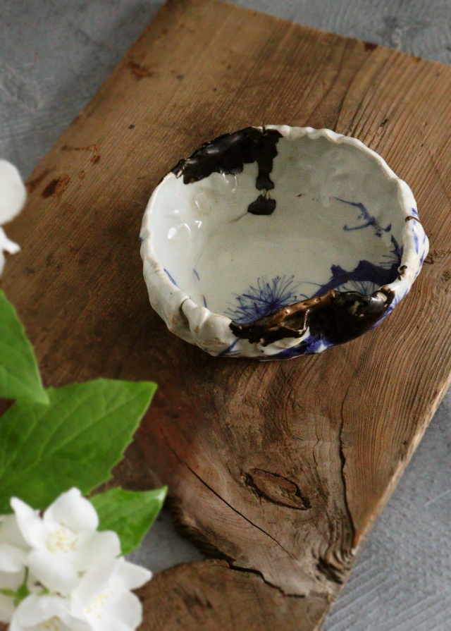 加藤春花作(海助） 瀬戸染付鉢 松竹紋 片口鉢 金継 鉢 Antique Sam's
