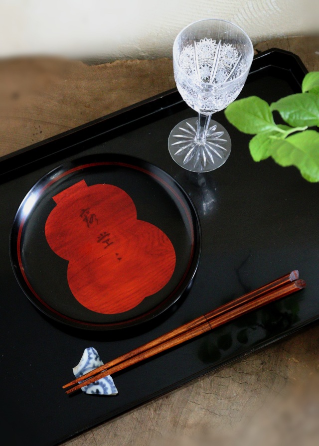 塗師 呉藤友乗作 平安堂 蒔絵皿 大銘々皿 「露々」 蒔絵漆皿五枚 共箱