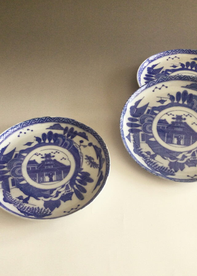 染付印判楼閣山水図五寸皿三枚組